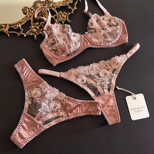 Pink satin lingerie, Sensual lace lingerie set, Boudoir gift for her, Satin bra and panty, Embroidered underwear, Reeds and lily lingerie