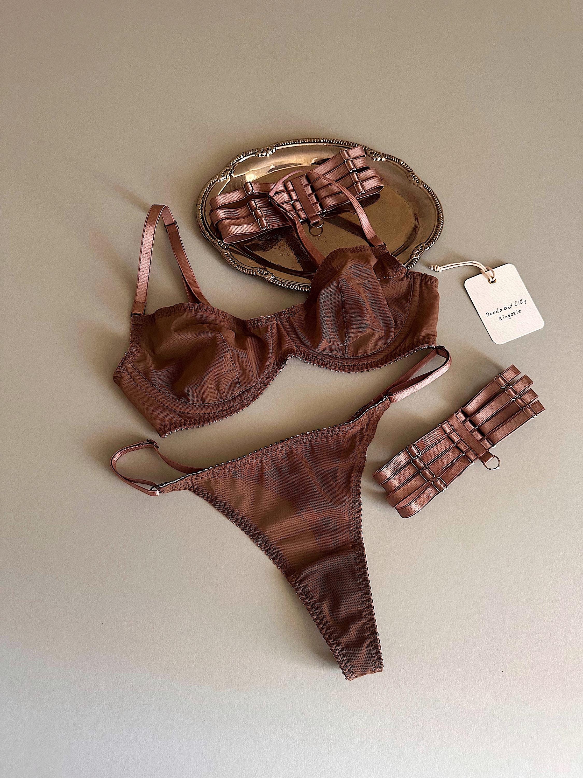 Brown Mesh Lingerie, Sensual Bra and Strappy Thong, Boudoir Garters Set,  Custom Underwear - Etsy