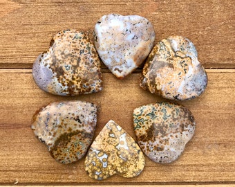 May include: Six heart-shaped polished stones with brown, white, and gray patterns. The stones are arranged in a circle on a wooden surface.