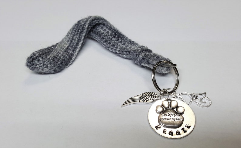 Memorial cat key chain personalized crochet gray sparkly wristlet backpack clip purse clip memorial pet you left paw prints on my heart