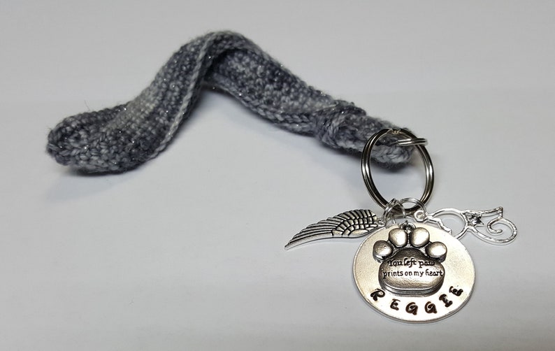 Memorial cat key chain personalized crochet gray sparkly wristlet backpack clip purse clip memorial pet you left paw prints on my heart