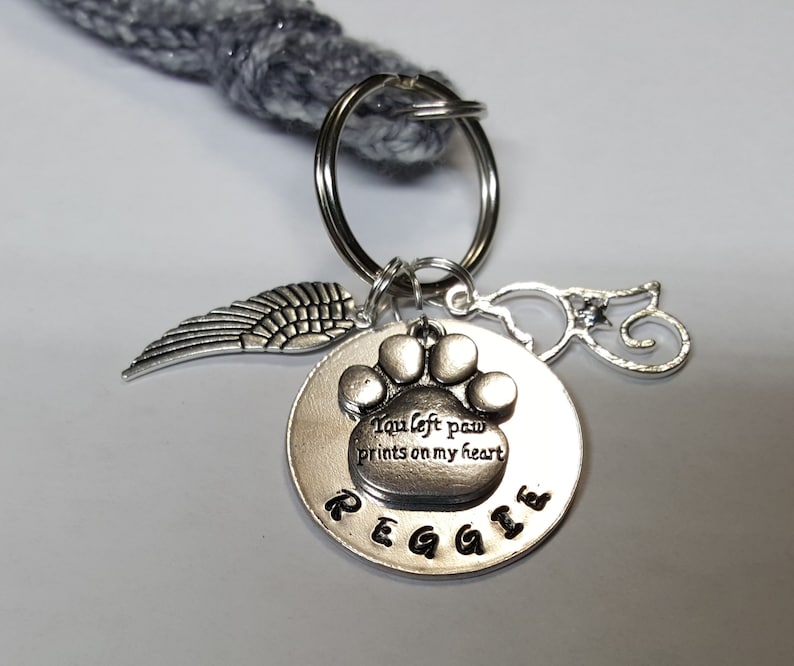 Memorial cat key chain personalized crochet gray sparkly wristlet backpack clip purse clip memorial pet you left paw prints on my heart