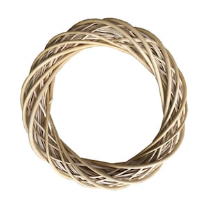 May include: A circular wreath crafted from woven, light brown twigs. The design features a repeating pattern of interwoven branches, offering a natural and rustic appearance. Ideal for home decoration, the wreath is a simple yet elegant piece.