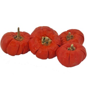 May include: Four small, bright red, wrinkled pumpkins. The pumpkins are arranged in a cluster, with the largest pumpkin in the centre.