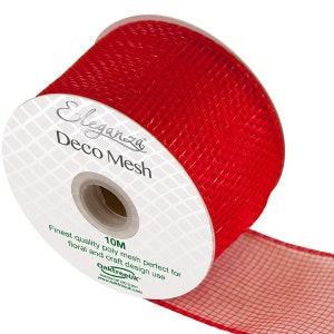 May include: A roll of red deco mesh ribbon with a white label that reads "Eleganza Deco Mesh 10m Finest quality poly mesh perfect for floral and craft design use OaktreeUK Our LTD 2017 www.oaktreeuk.com"