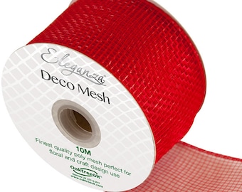 Può includere: Un rotolo di nastro in rete deco rosso con un'etichetta bianca che recita "Eleganza Deco Mesh 10m Rete in poli di altissima qualità, perfetta per il design floreale e artigianale OaktreeUK Our LTD 2017 www.oaktreeuk.com"