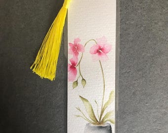 Original watercolour bookmark painting - lovely flower with vase - Laminated with a bright yellow tassel - Book lovers gift
