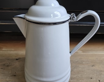 White Enamel Coffee Pot with Black Trim