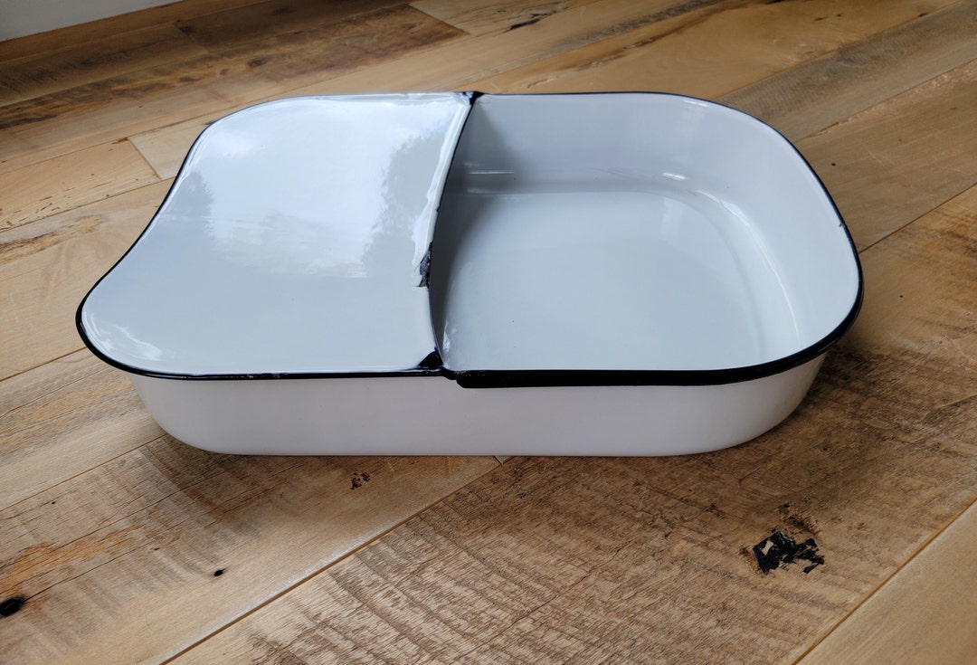 Vintage Bed Pan White Enamel Bedpan With Cobalt Trim Square Enamel Pan