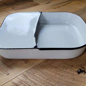 Vintage Bed Pan White Enamel Bedpan with Cobalt Trim Square Enamel Pan