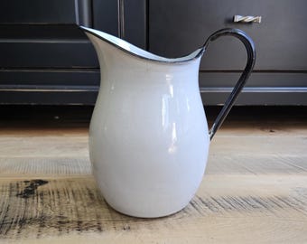 Vintage White Enamel Pitcher with Black Trim