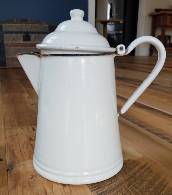 Vintage White Enamelware Coffee Pot Vintage white enamel teapot with hinged