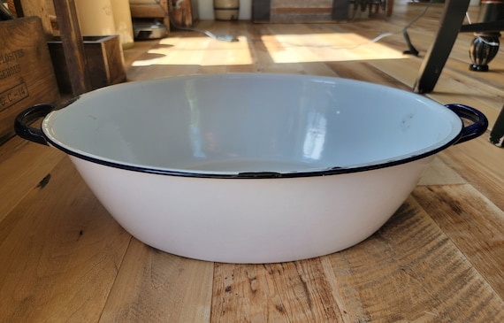 Extra Large Oval Enamel Washtub with Handles Whit… - image 1