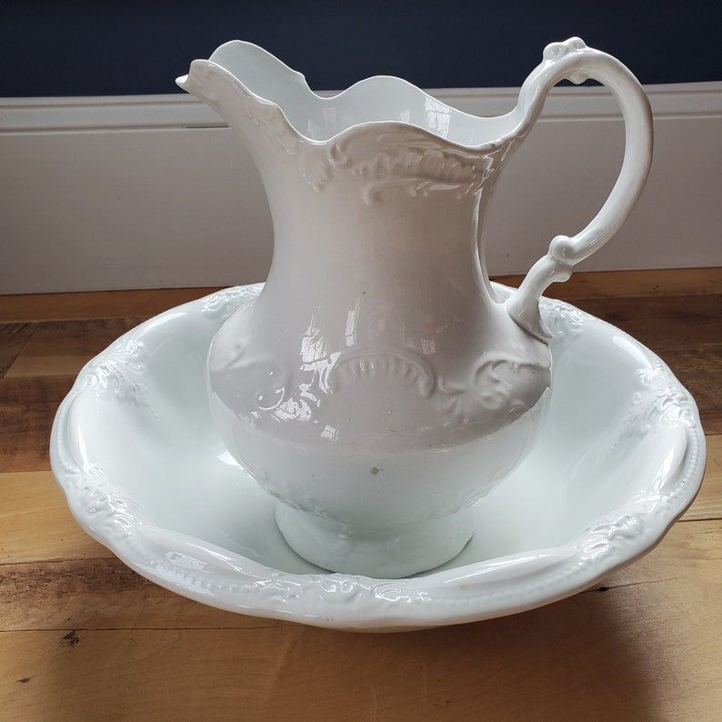 Antique White Porcelain Pitcher With J & G Meakin Ironstone Wash Basin