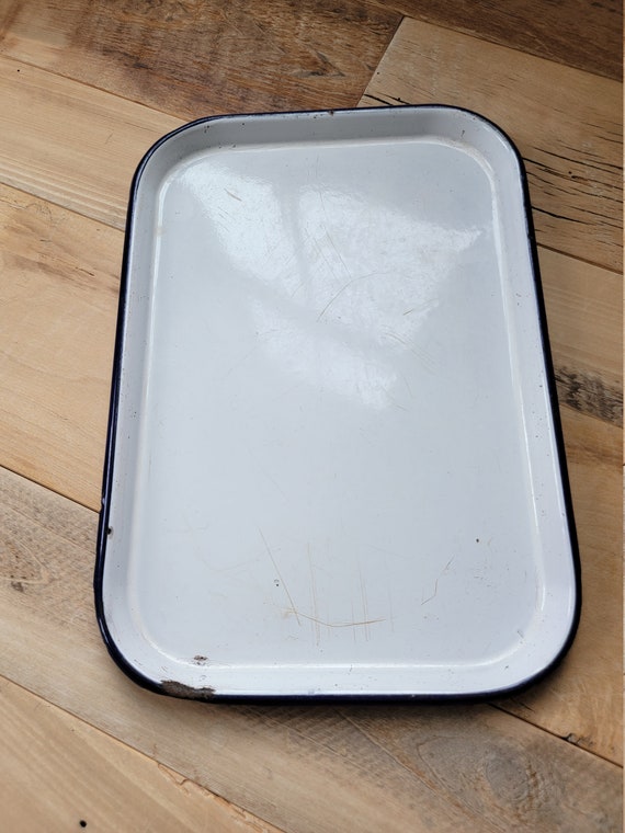 Vintage White Enamel Tray With Cobalt Blue Trim 