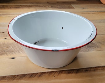 Vintage Large Round White Enamel Wash Basin with Red Trim