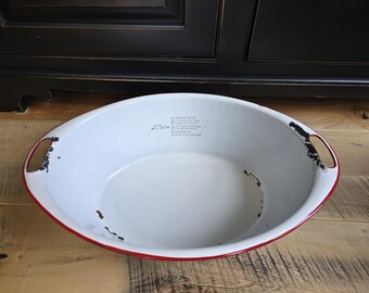 Large Oval White Enamel Wash Basin with Red Trim and Handle Cut Outs