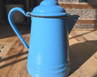 Vintage Enamel Coffee Pot Robins Egg Speckled Blue