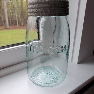 Vintage Aqua Glass The Gem Quart Mason  Jar