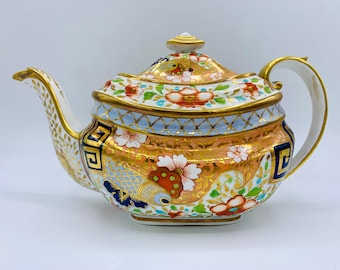 Impresionante tetera antigua Ridgway 2/1073 pintada a mano Imari c.1830 Cobalto y oro