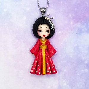 GEISHA polymer clay DOLL, handmade necklace