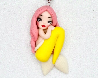 MERMAID polymer clay DOLL, handcraft necklace fimo