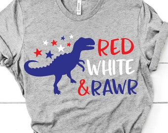 4th of July Boy/'s Grey Short Sleeve T-Shirt Red White Blue Dino Dinosaur
