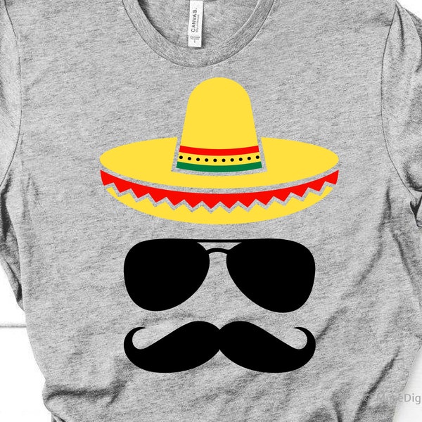 Cinco de Mayo Svg, Sombrero Glasses and Moustache, Funny Svg, Fiesta Svg, Mexican, Sombrero Shirt Svg File for  & , Png