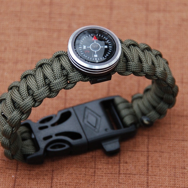 Green Paracord Survival Bracelet for Camping and Hiking EDC Tactical Bracelet With Firestarter Whistle Compass Outdoor Adventure Bracelet