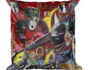 Bird s Lament. Original outsider art. Art Pillow.