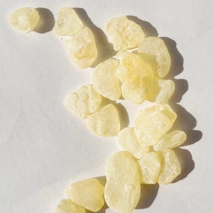 May include: A close-up of a group of pale yellow resin pieces, likely frankincense, scattered on a white surface.