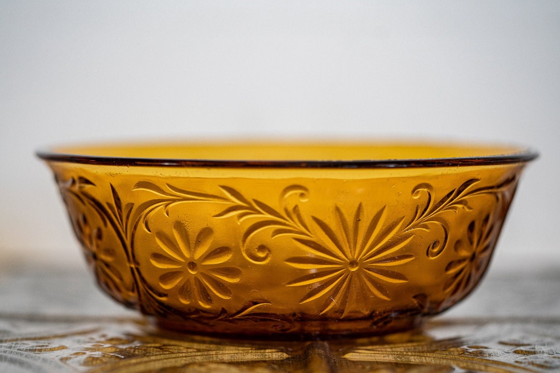 Vintage Amber Decorative Floral Colored Glass Bowl Etsy