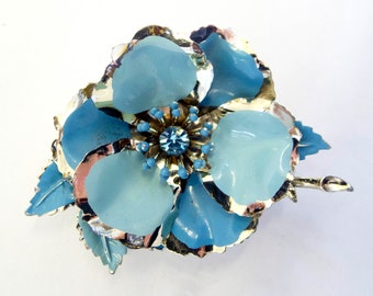 Blue and Silver Metal Floral Brooch