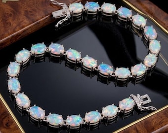 Pulsera de tenis de ópalo etíope natural en plata de ley 925 / Pulsera de ópalo ovalado multicolor / Joyería de piedra natal de octubre / Regalo para ella