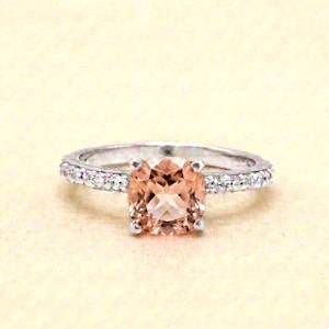 Anello Art Déco con morganite, in argento sterling placcato oro 14 carati, con taglio a cuscino, finto anello di fidanzamento.