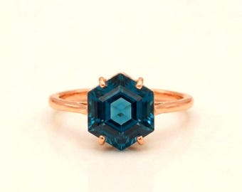 Hexagon London Blue Topaz Ring, Sterling Silver Geometric Teal Blue Engagement Ring, Minimalist Solitaire Promise Ring, Gemstone Jewelry