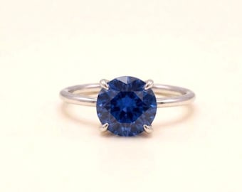 Ronde blauwe saffierring, 14K verguld sterlingzilver, verlovingsring, solitairering, eenvoudige trouwring, geboortesteen september