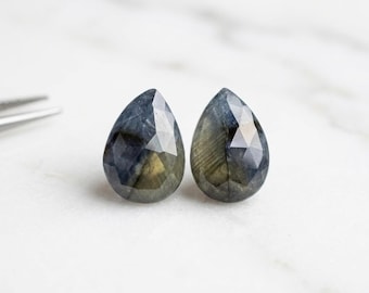 Natural Blue Sapphire Pair, Pear Rose Cut Loose Gemstones, Matched Pair for Earrings, Elegant Deep Blue Sapphire for Fine Jewelry Making
