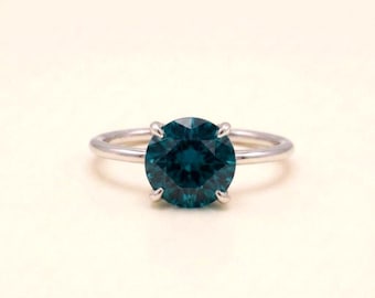 Minimalist London Blue Topaz Ring Round, Simple Sterling Silver Solitaire Ring, Deep Teal Blue Promise Ring, Dainty Elegant Gemstone Ring