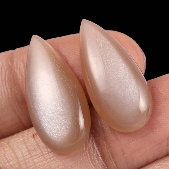 Natural Peach Moonstone Teardrop Loose Cabochon Stones - 26×12 mm, 25 CT Handmade Pair