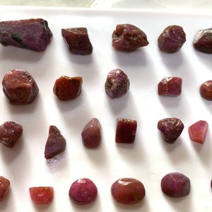 May include: A collection of twenty-two raw, unpolished ruby gemstones arranged in four rows. The stones vary in shape, ranging from angular, jagged fragments to smoother, rounded pebbles, all displaying deep shades of red, maroon, and burgundy.