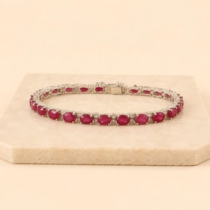 Natural Ruby and White Topaz Bracelet - Oval Cut Ruby Tennis Bracelet with Accent Stone 925 Sterling Silver, Tennis Bracelet-July Birthstone
