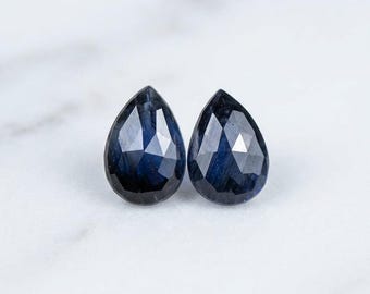Natural Blue Sapphire Pair, Pear Shape Rose Cut Loose Gemstones, Matched Pair for Earrings, Deep Blue Sapphire for Fine Jewelry Making
