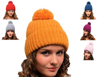 Bobble Beanie Hat Mustard Ladies Winter Hats Yellow with Pom Pom for Women Womens Pompom Woolly Wooly Woolley Woollen Chunky Knit Golf Ski