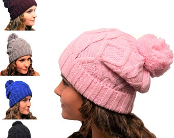 Ladies Bobble Beanie Hat Pink Winter Knitted Hats with Pom Pom for Women Womens Pompom Hat Woolly Wooly Chunky Hat Cable Knit Woollen Cap