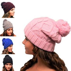 Ladies Bobble Beanie Hat Pink Winter Knitted Hats with Pom Pom for Women Womens Pompom Hat Woolly Wooly Chunky Hat Cable Knit Woollen Cap