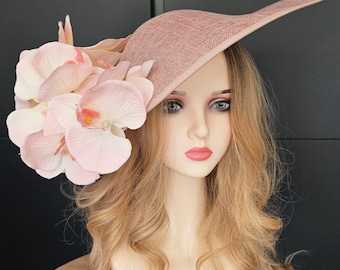 Tocado extragrande beige melocotón, sombrero Royal Ascot, sombrero Kentucky Derby, boda, iglesia, sombrero para carreras de caballos, para mujeres grandes.