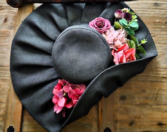 Wide Brim Hat Black Royal Ascot Ladies Wedding Guest Hat Church Kentucky Derby Occasion Racing Women Formal Races with flowers extra large