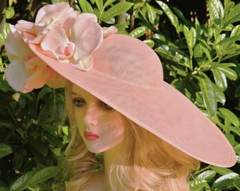 Pink Wide Brim Hat With Champagne Flowers, Kentucky Derby  display picture 1