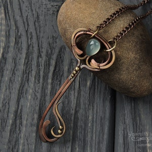 Steampunk key pendant Copper key necklace Wicca jewelry Wire wrapped pendant